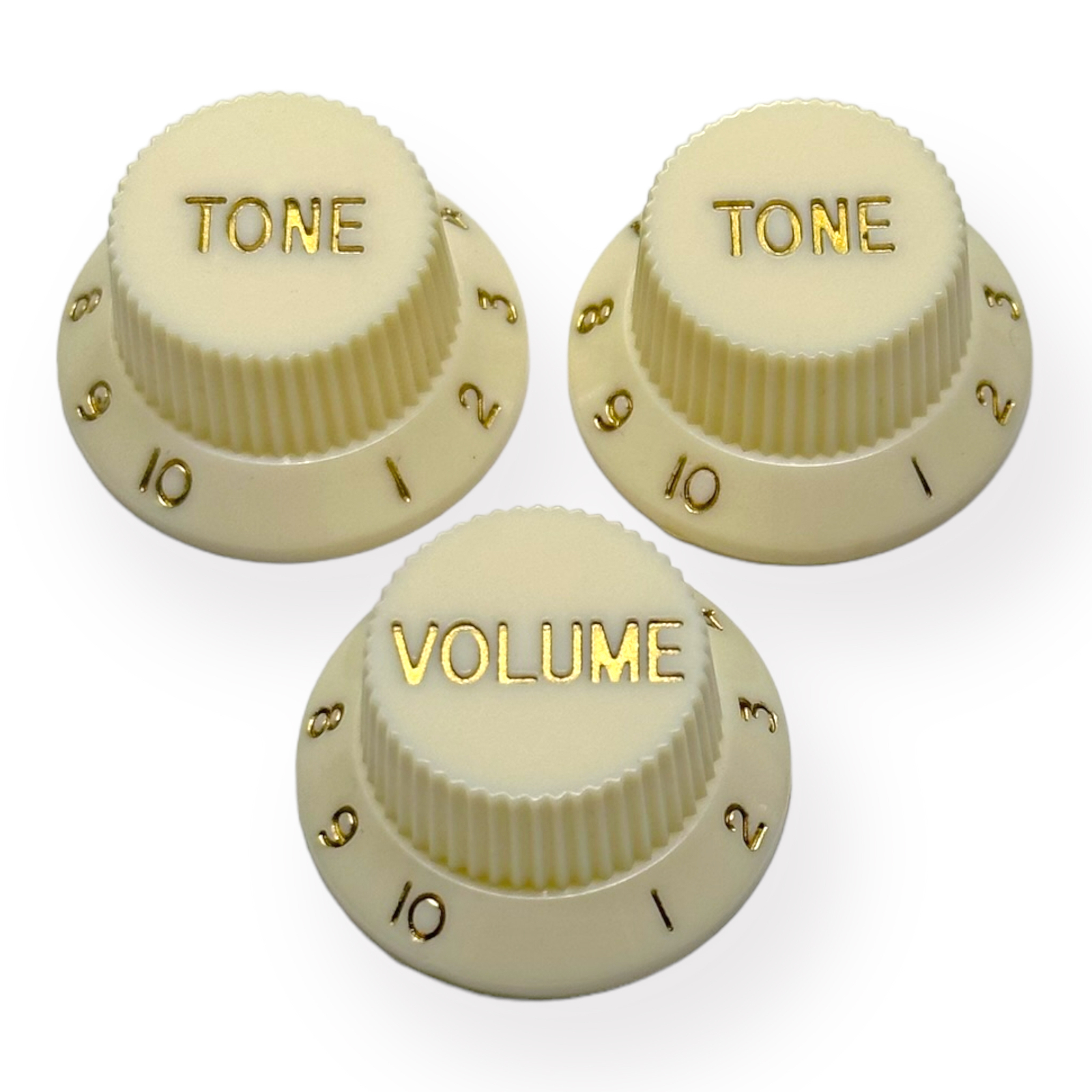 AxLabs Strat-Style Knob Set (3) 2022 - Light Cream with Gold Font
