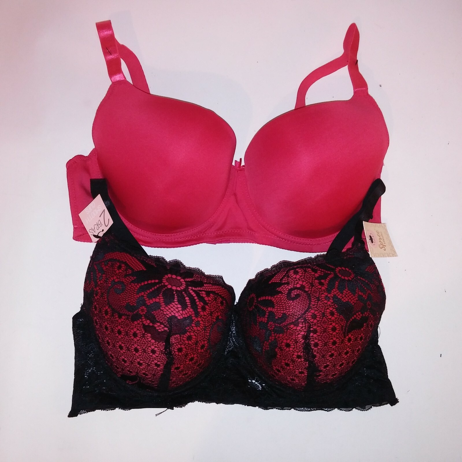 Set of 2 Spree Bras Lined Cups Dark Pink Black Lace Solid Underwire New