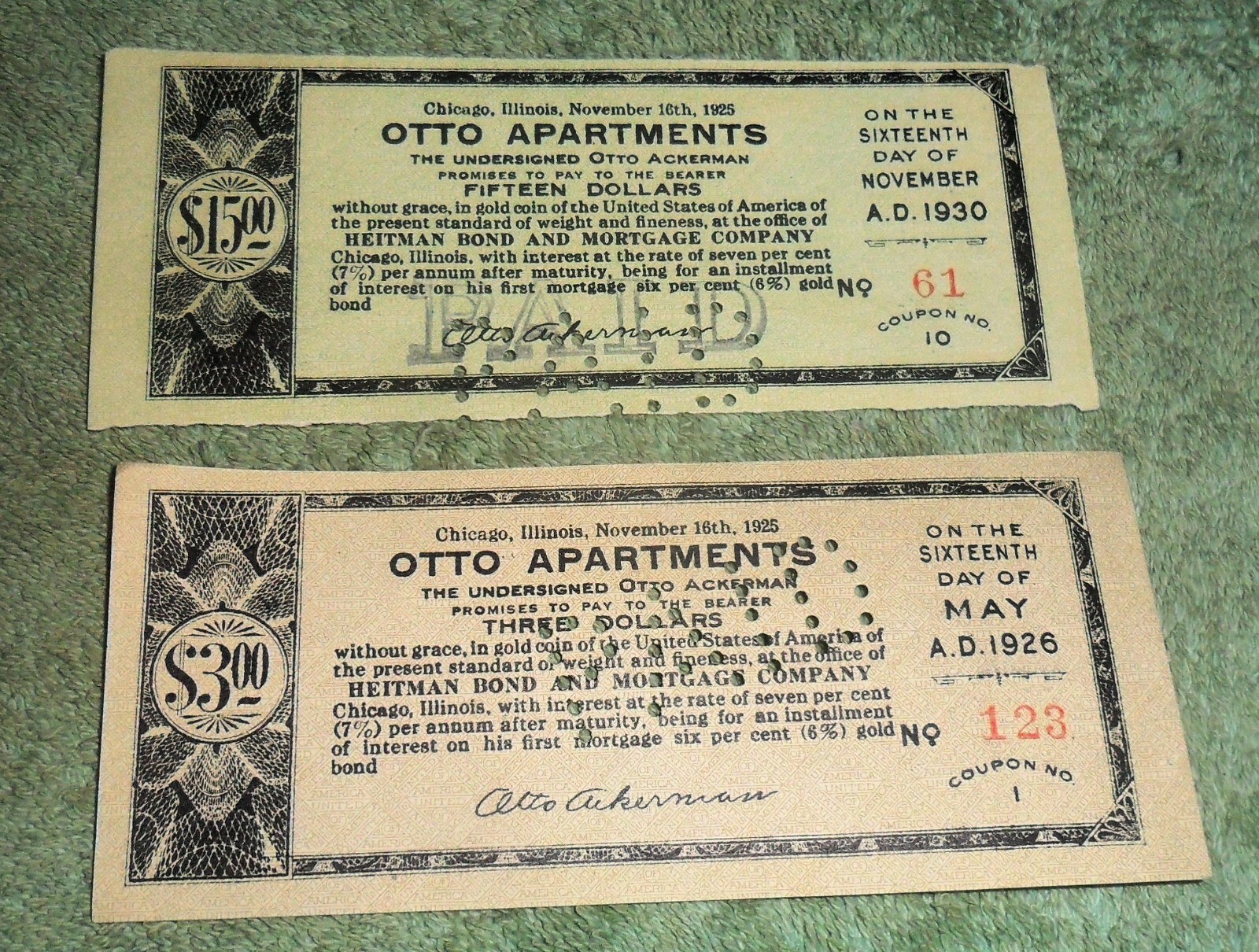 JB RFM 81295 Otto Apartments $3 and $15 Gold Bond Chicago 1926 & 1930 Payment C