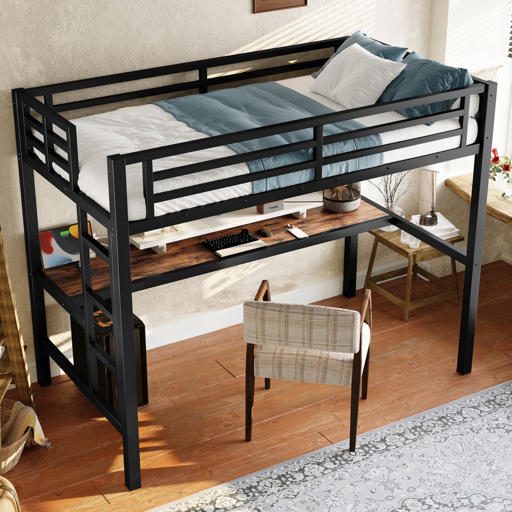 Metal Twin Loft Bed w/ Power Outlet & LED Light, Space-Saving, Black