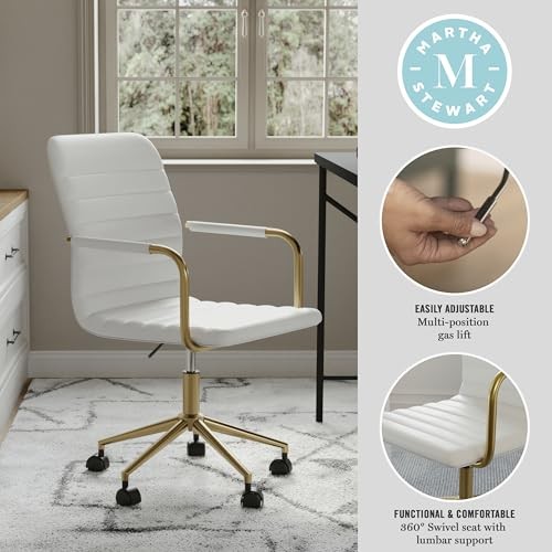 Taytum Swivel Task Chair with Armrests for White Faux Leather/Polished Brass