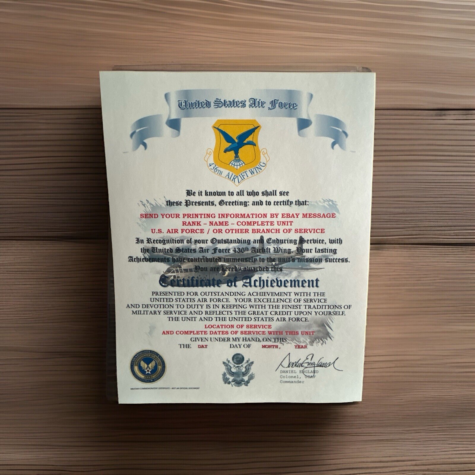 U.S.A.F. / AIR FORCE 436TH AIRLIFT WING - CERTIFICATE OF ACHIEVEMENT