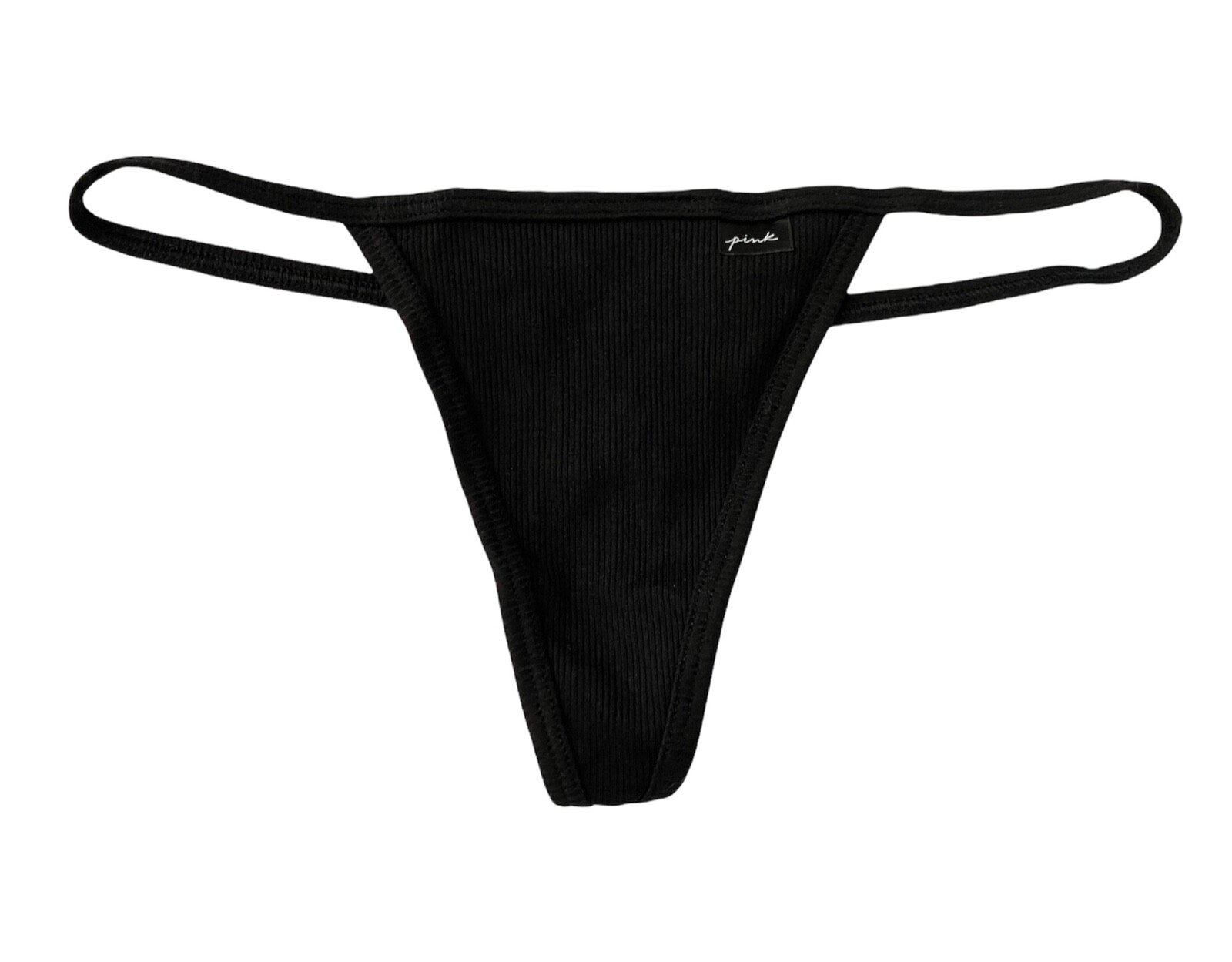 PINK Victoria's Secret V String Panty Black Ribbed Cotton Blend L XL 2XL