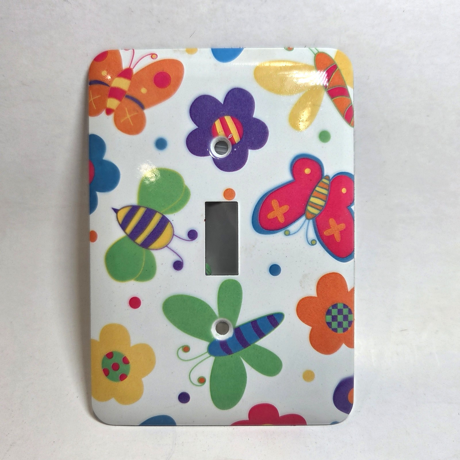 Vintage Switch Plate Cover Butterflies Flowers White Colorful Kids 1 Gang Metal