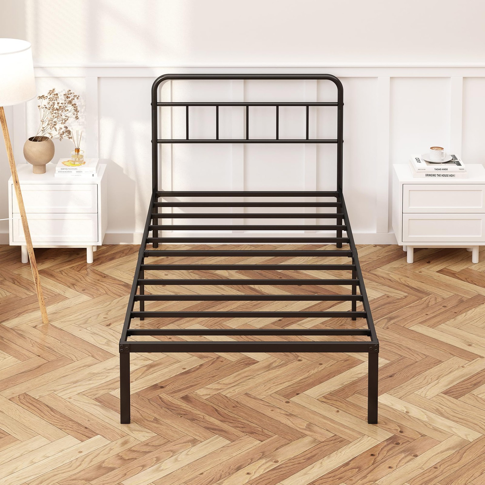 Twin Size Metal Bed Frame with Headboard, Platform Base, Black
