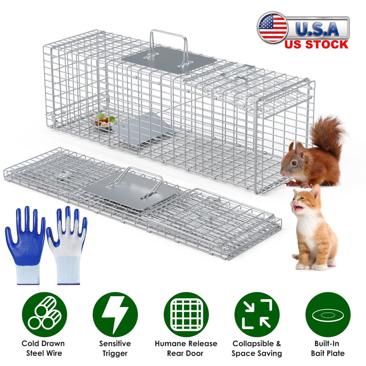 27x7.5x8in Animal Trap Cage Catch and Release Steel Humane Cat Trap Portable