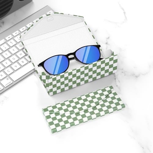Sunglasses Case, Foldable Glasses Case, Magnetic PU Green Checkred 1 Pcs
