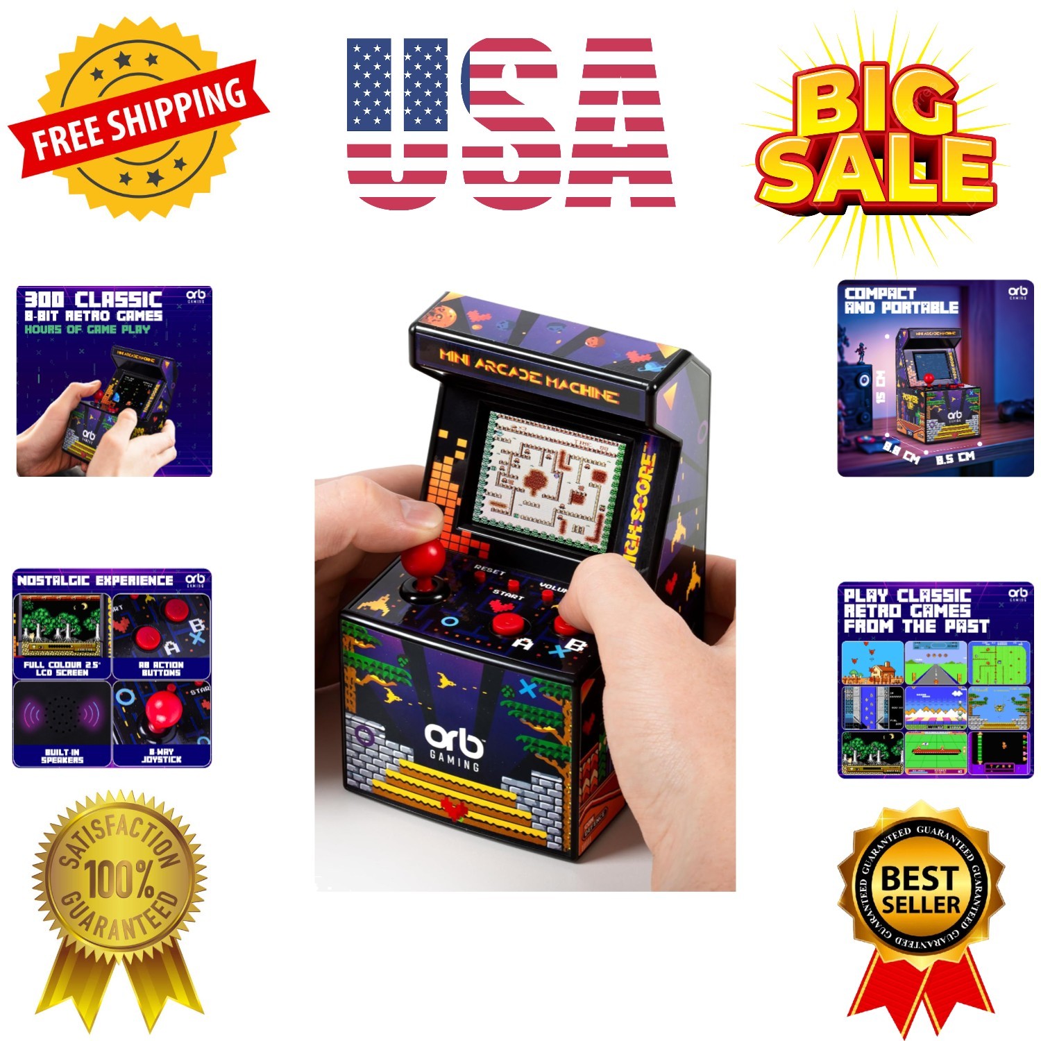 Orb - Mini Arcade Machine, 300 in-Built Games, 8-Bit Retro Arcade Games, 2.5”...