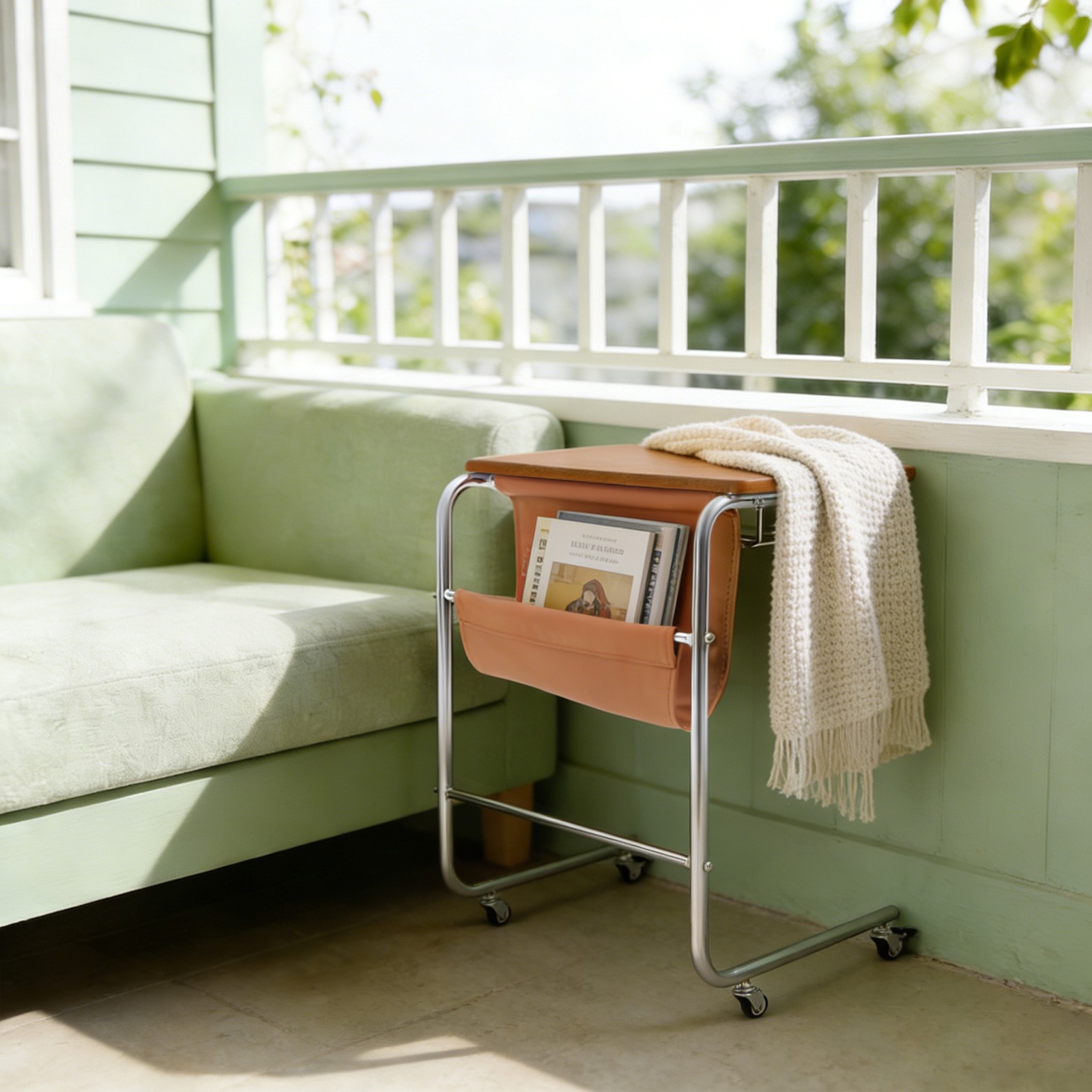 C-shaped End Table With Universal Wheels Sofa Side Table With Pu Storage Bag