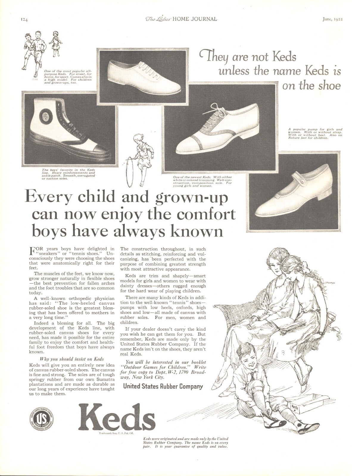 1922 Keds Shoes Antique Print Ad US Rubber Co Sneakers Kids Playing Mother