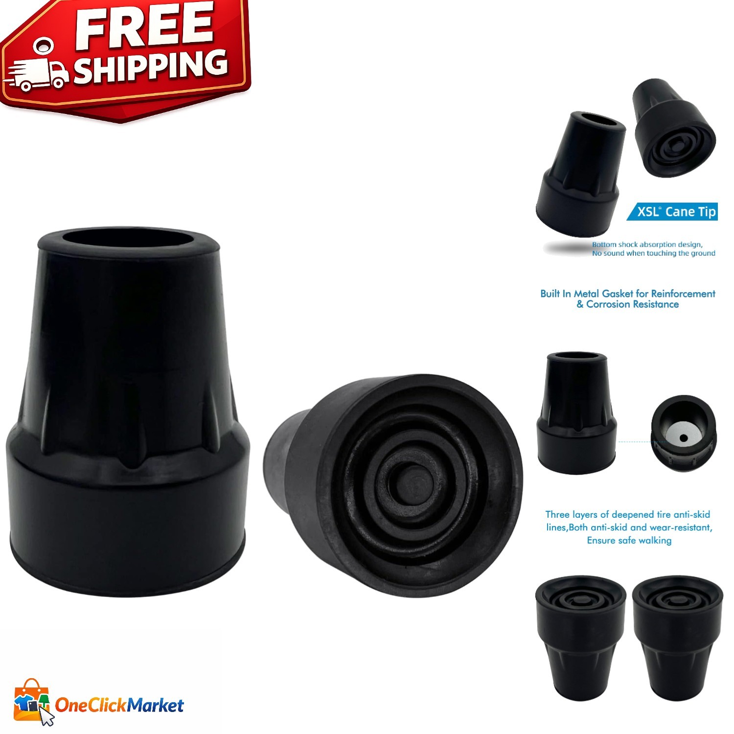 Metal Reinforced Replacement Cane Tips 7/8 Inch - Stability and Safety Pack of 2
