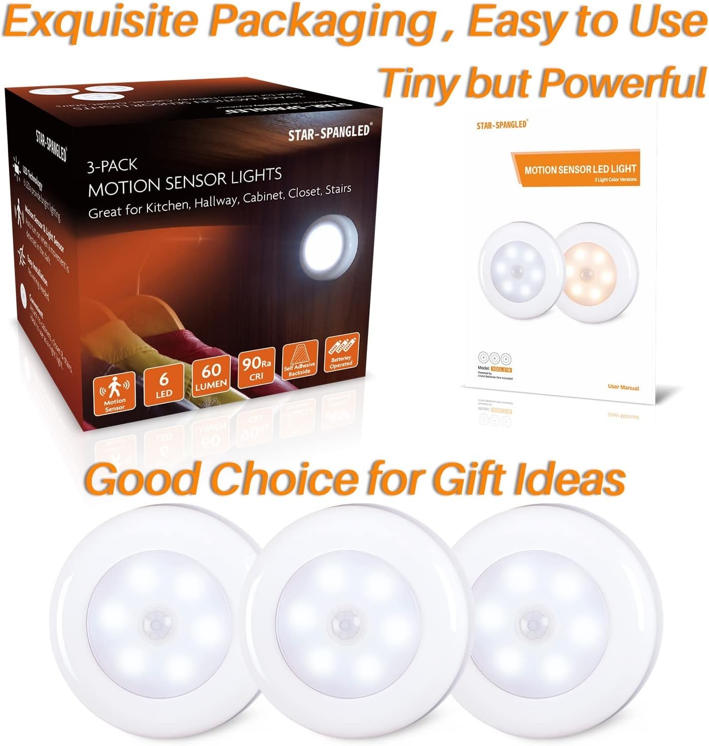 Versatile 2.8” Motion Sensor LED Lights, 3 Pack for Indoor Spaces, Easy Install