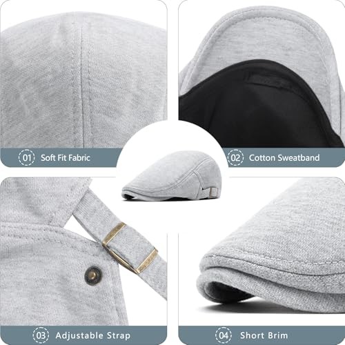 Men's Cotton Newsboy Cap Adjustable Soft Fit Flat Cap One Size Light Grey