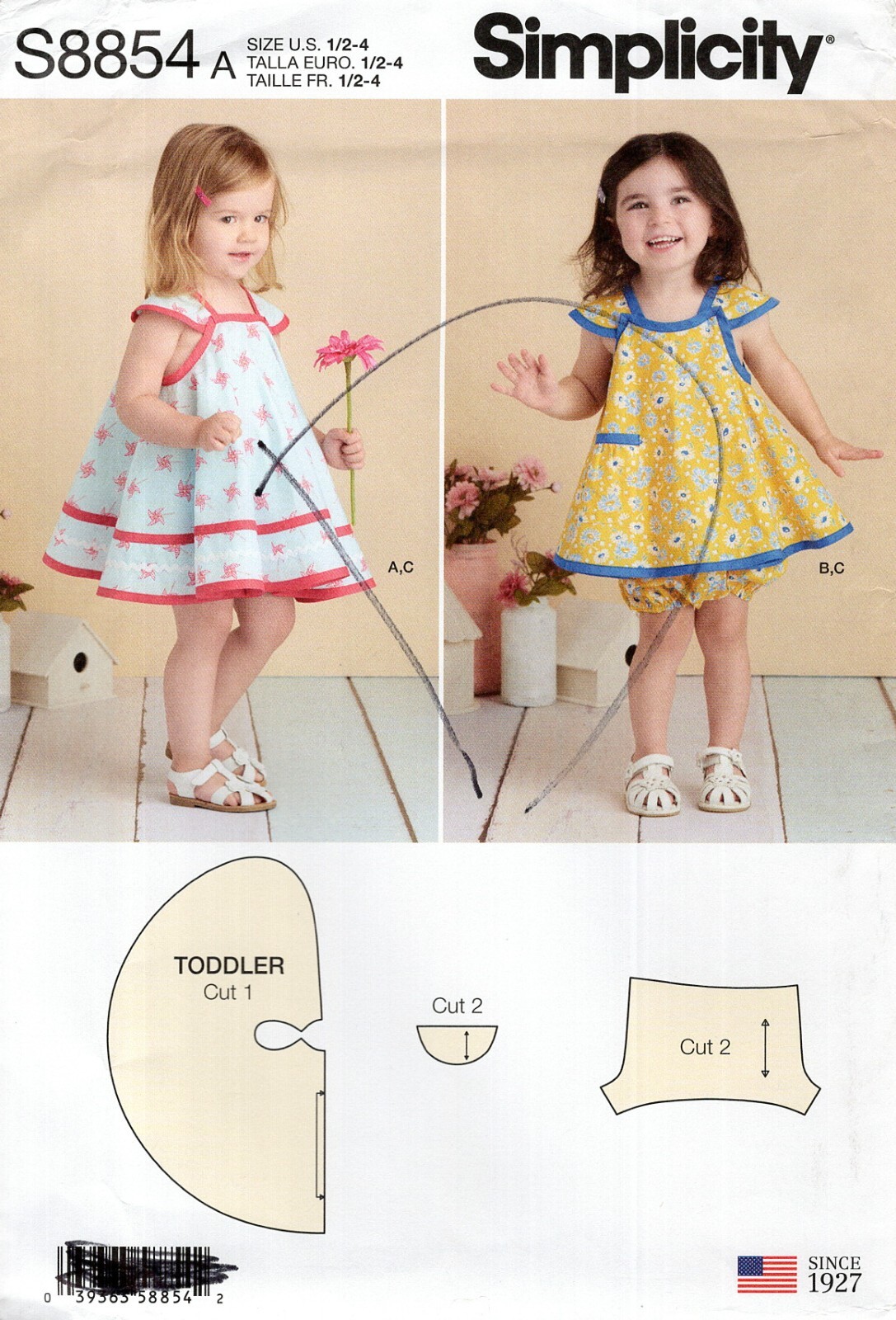 Simplicity S8854 Toddlers' Pinafore & Panties Sz 1/2-4 UNCUT Pattern Bloomers