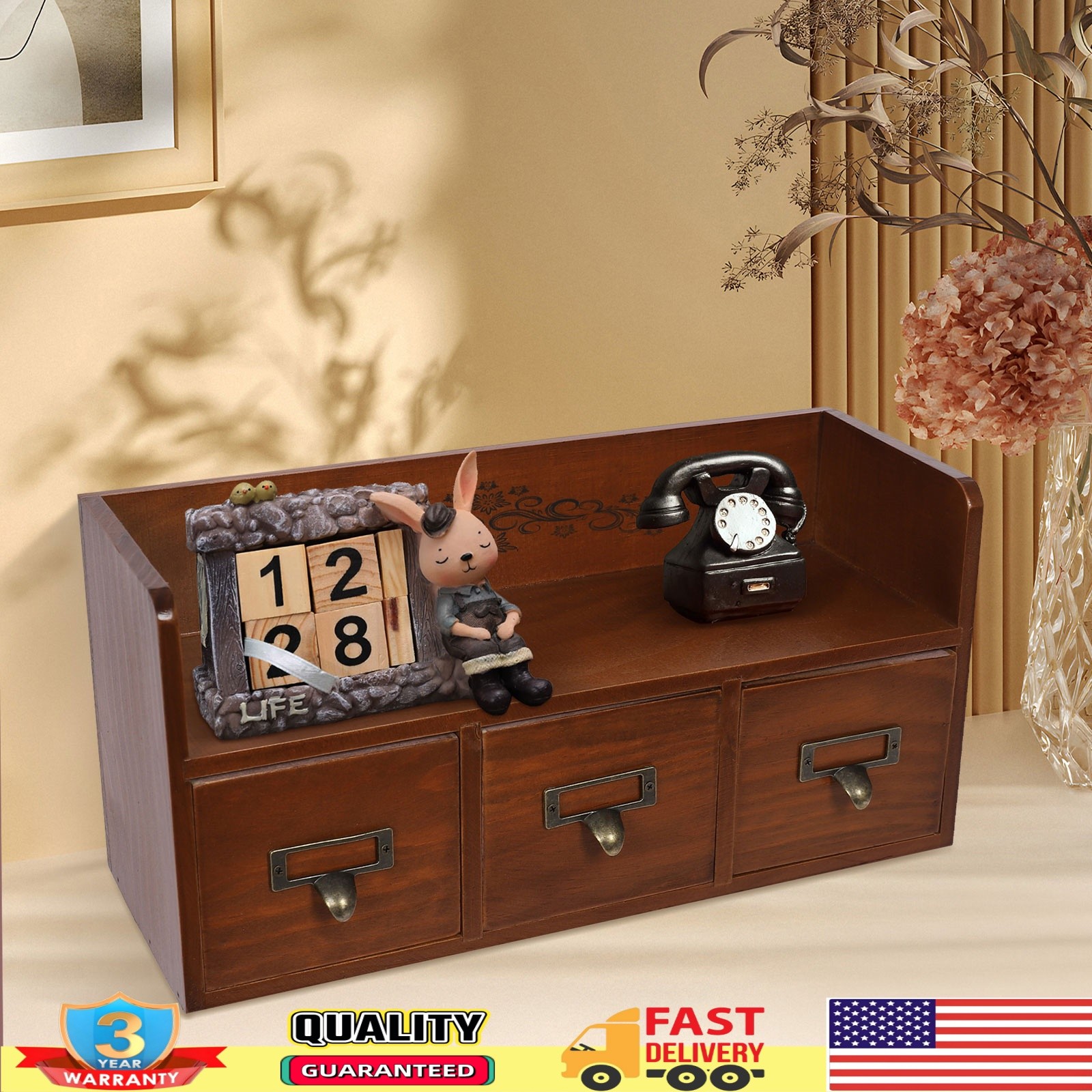 Retro 3 Drawers Wood Desktop Storage Cabinet Cosmetic Jewelry Organizing Cabinet