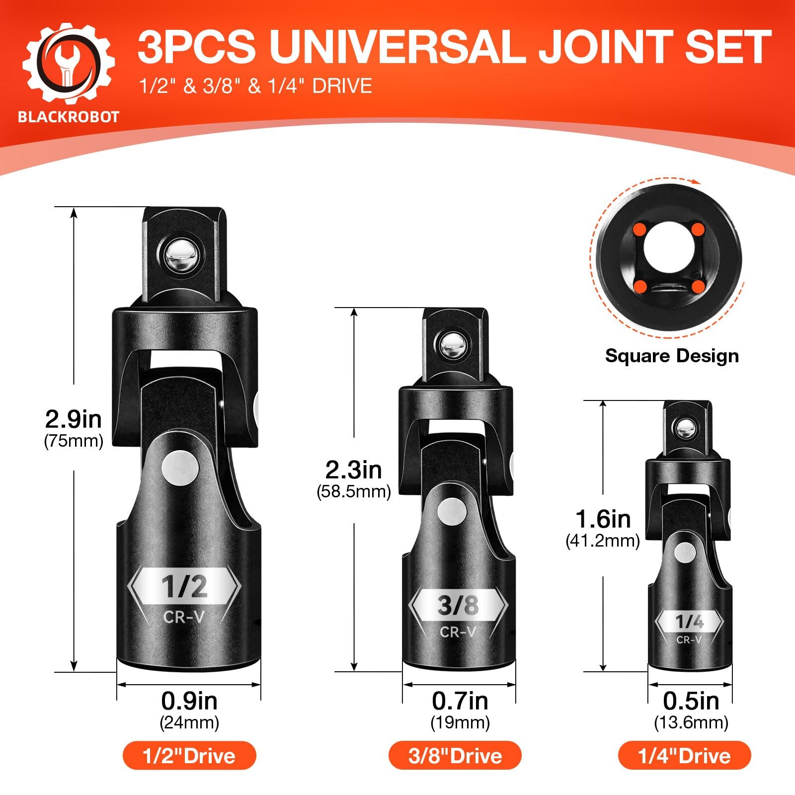 BLACKROBOT Universal Joint Set 3PCS, 1/2" 3/8" 1/4" Drive Socket Adapter Set,...