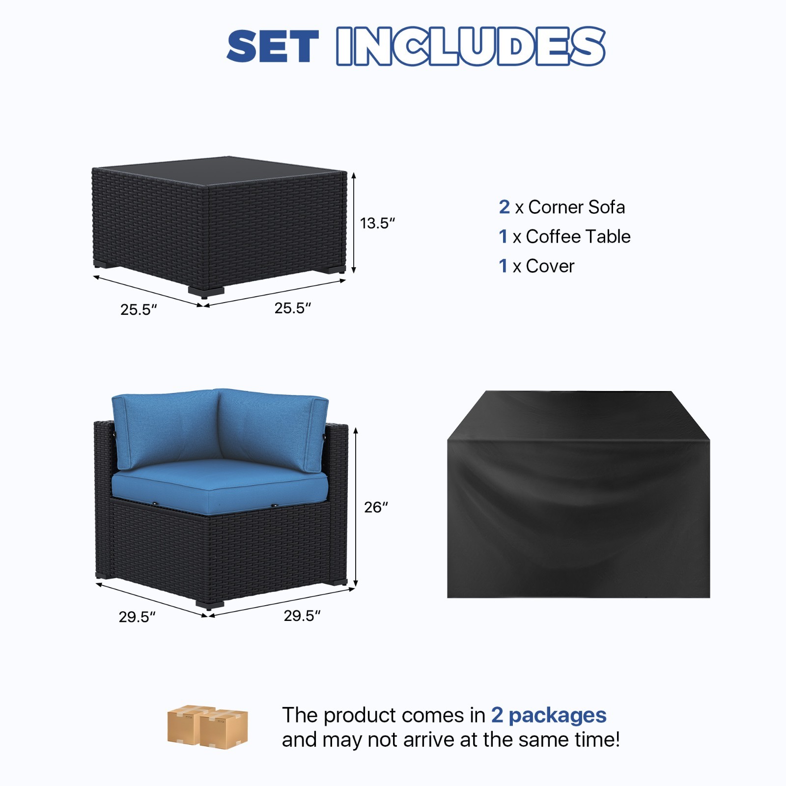 3-Piece Black Rattan Sofa Set Peacock Blue Cushions Coffee Table