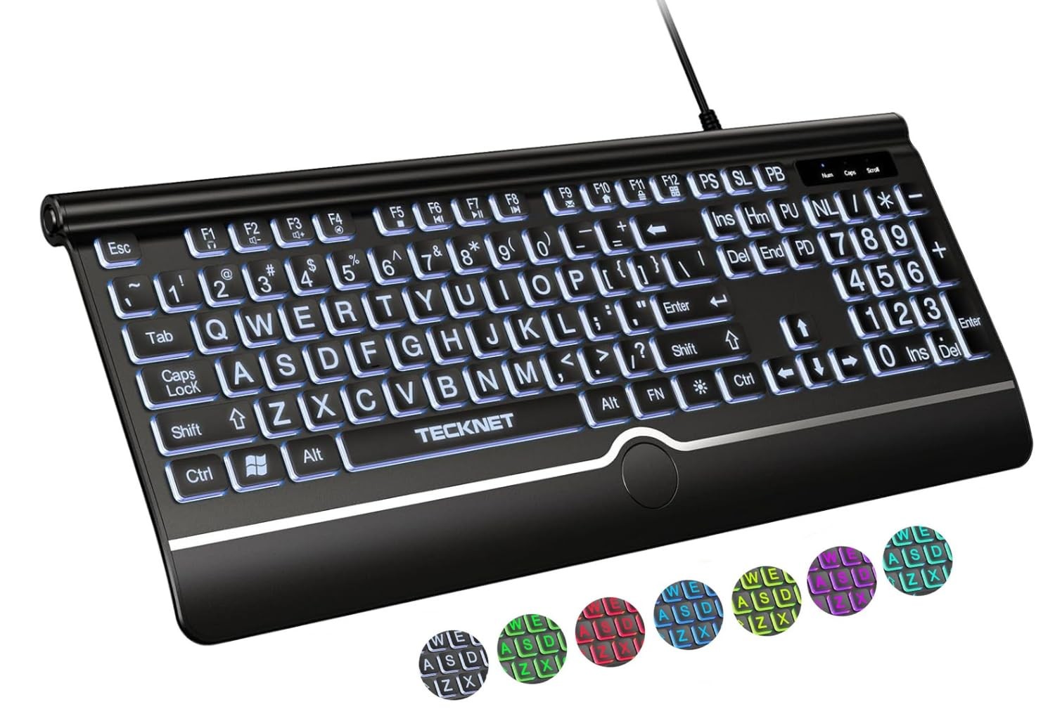 TECKNET Large Print Backlit Keyboard, Wired USB-A Computer Keyboard with Wris...