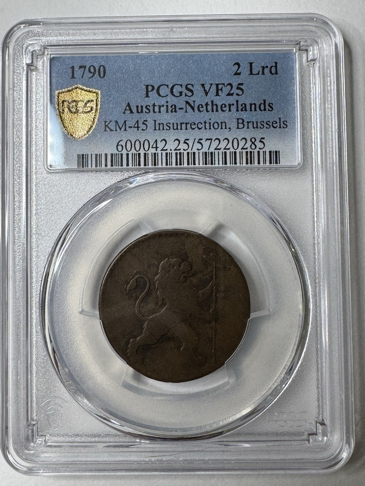 1790 Austrian Netherlands Insurrection 2 Liards Coin PCGS VF25 KM-45 Brussells