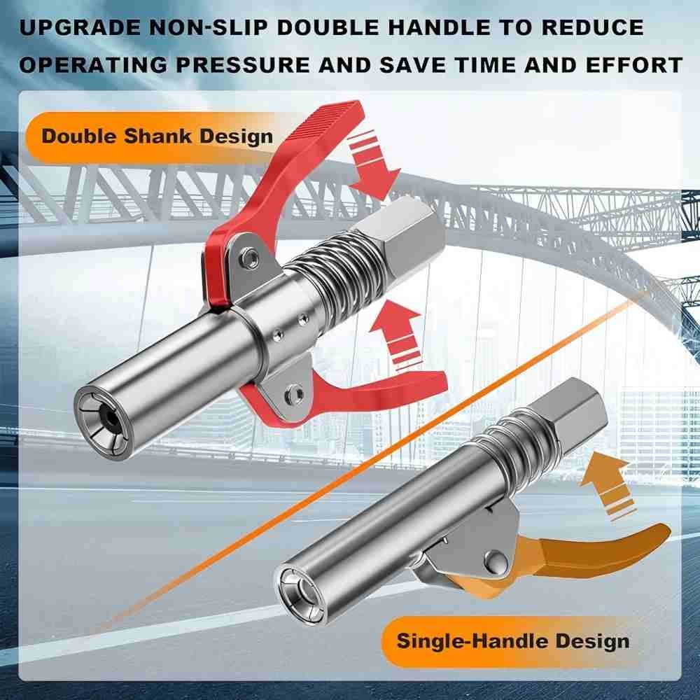 Grease Gun Coupler: Double Handle, High Pressure, Quick Release Lock Oil Nozzles