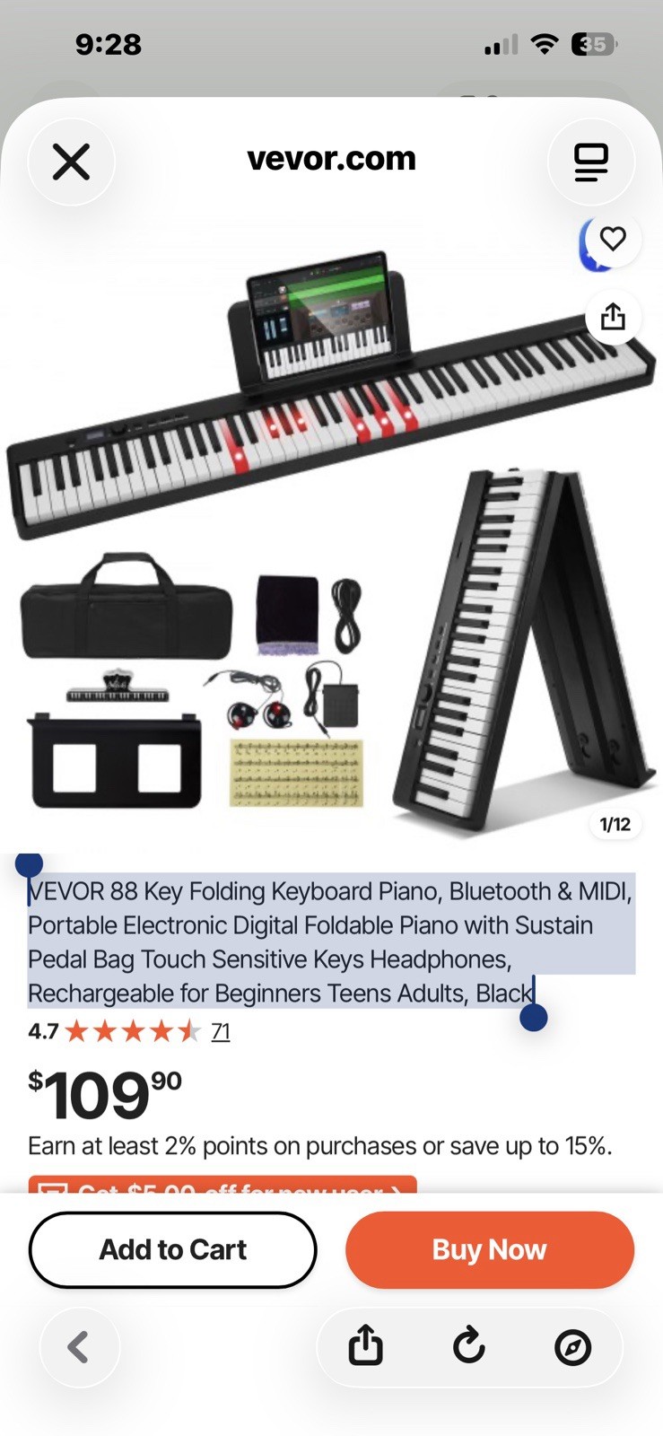 VEVOR 88-Key Foldable Digital Piano Weighted Touch Bluetooth MIDI Black Bag