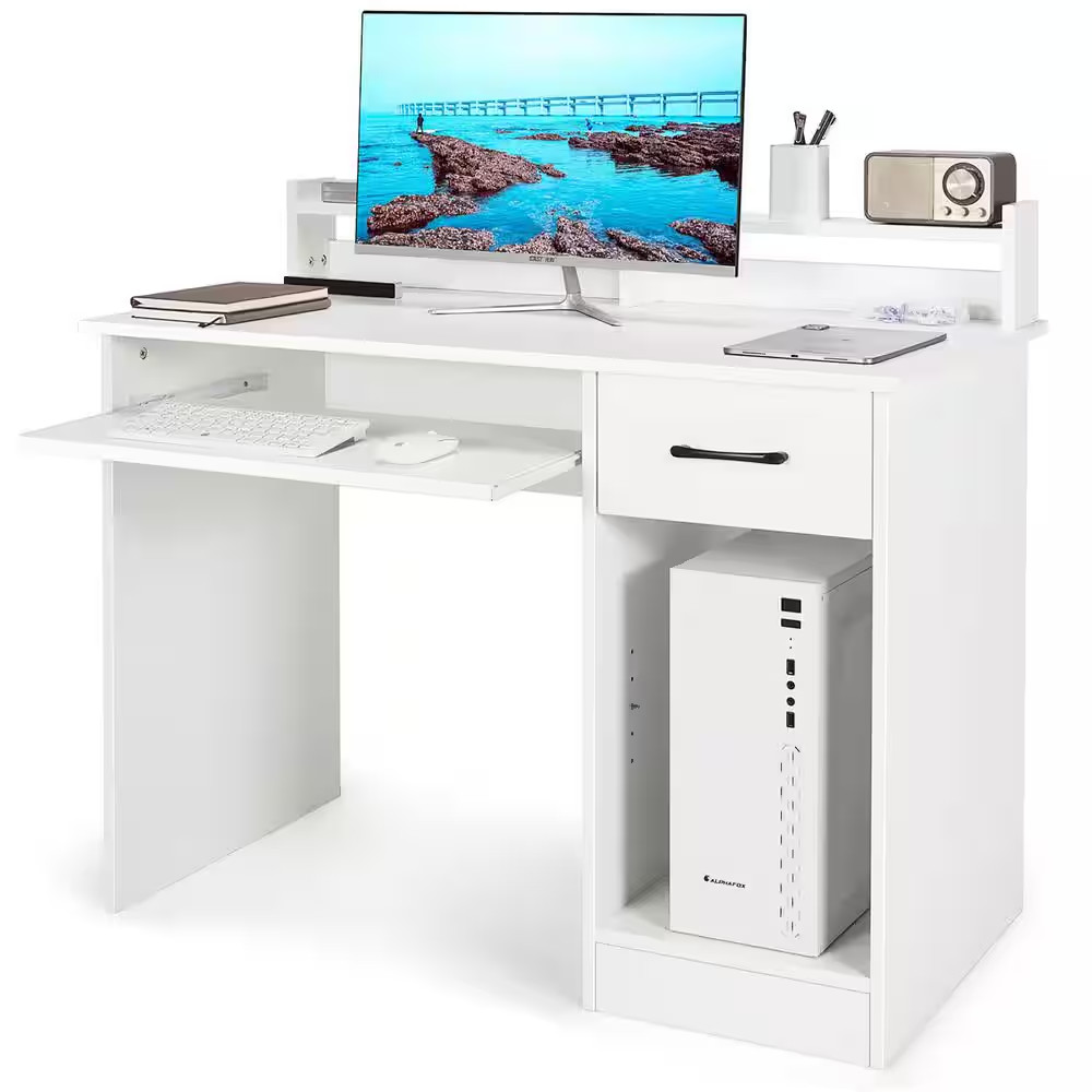 41.5 In. Rectangular White Wood Wide Computer Desk Writing Study Laptop Table wi