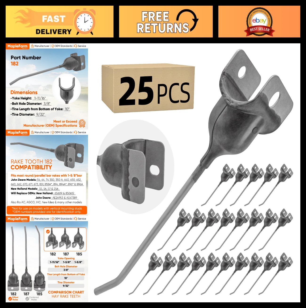 25-Pack Universal Hay Rake Teeth, Rubber Mounted Tines for Tedder & Baler Parts