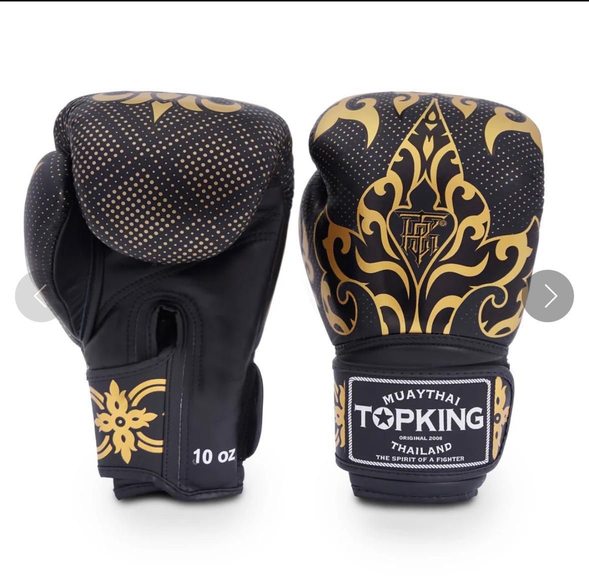 Top King Sparring Boxing Gloves 10 oz Large Black/Gold Model 1002 & Shin Guards