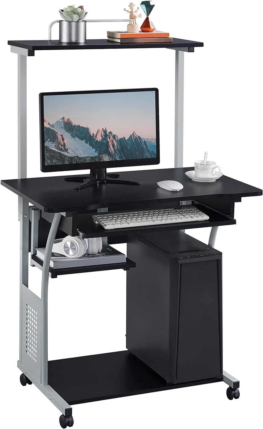 3 Tier Computer Desk with Printer Shelf and Keyboard Tray for Small Spaces Black