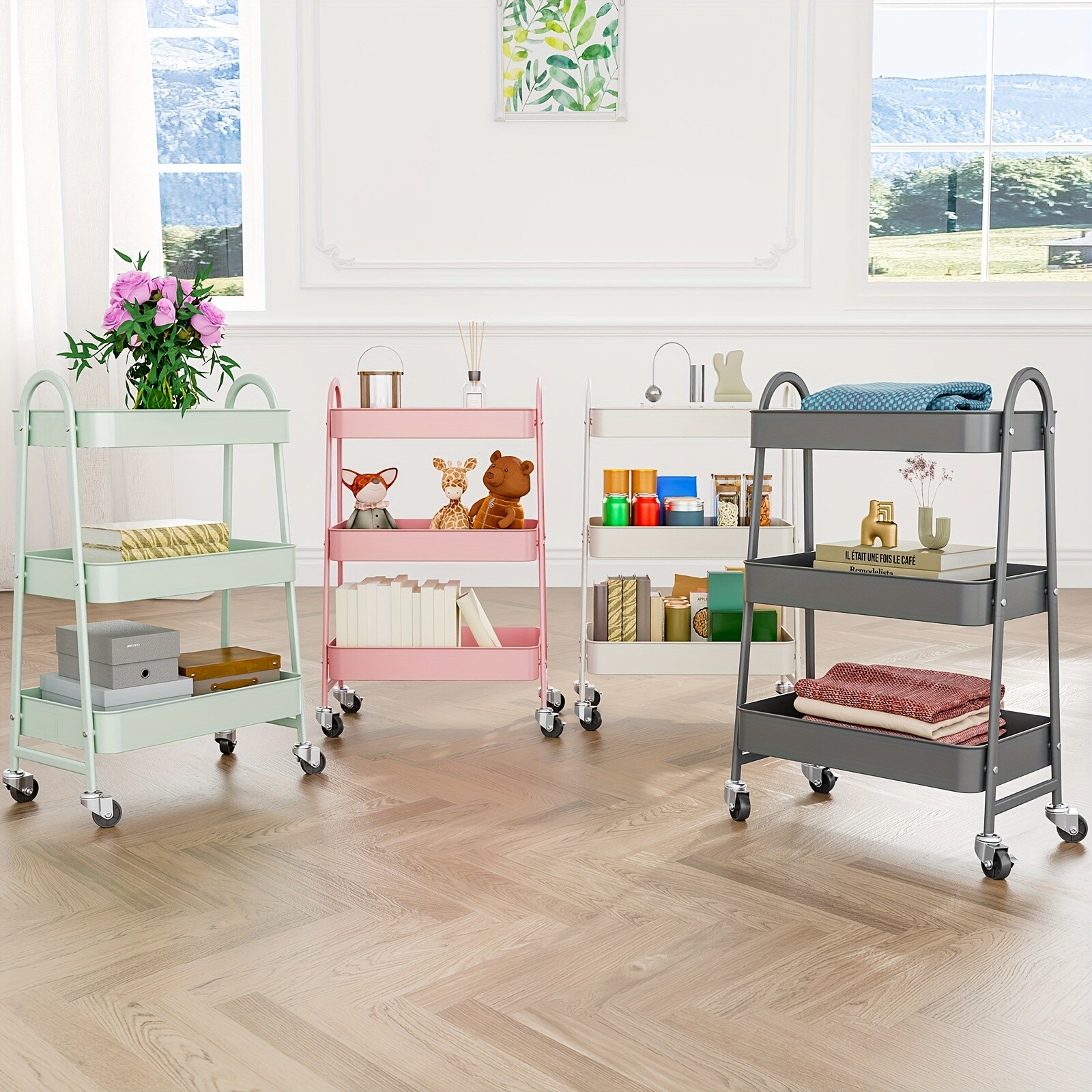 3-Tier Rolling Kitchen Cart, Metal Frame with Plastic Wheels, Space-Saving