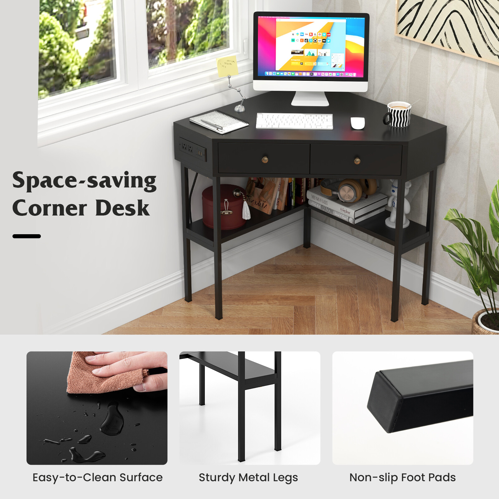 Costway Corner Computer Desk Writing Workstation Study Desk w/ 2 Drawers Black