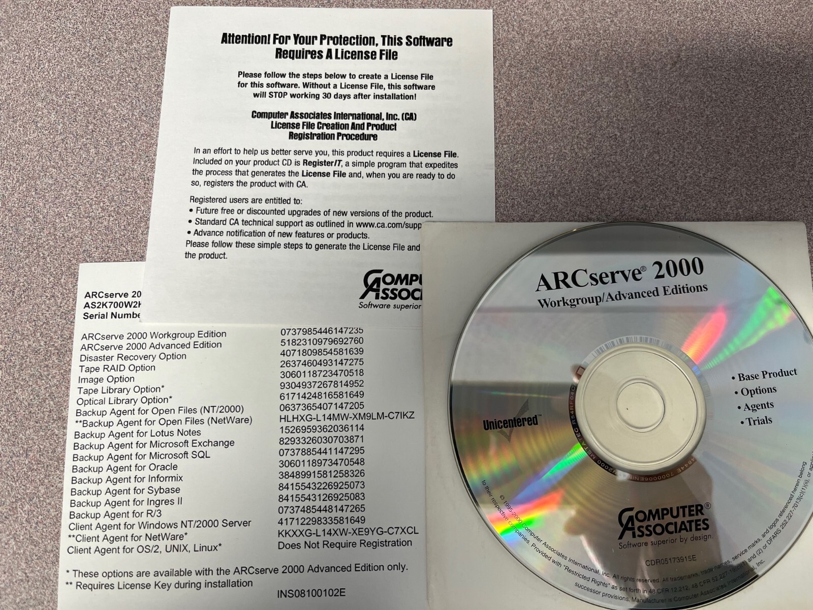 Computer Associates ARCserve 2000 Workgroup / Advanced Editions w/ Serial Number