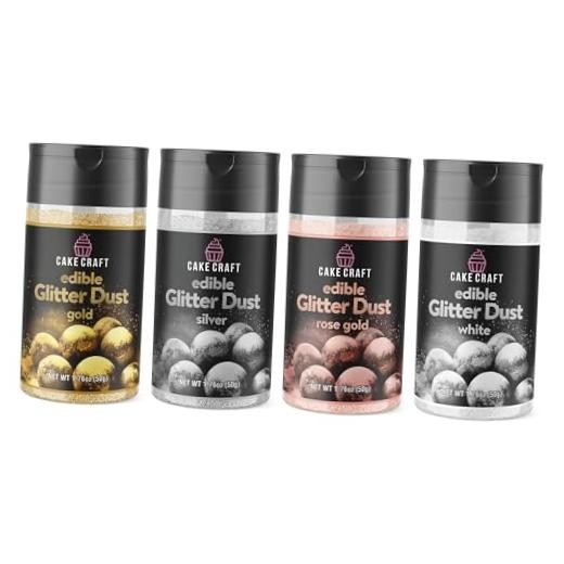 Edible Glitter Dust 4-Pack | 100% Pack of 4 Gold, Silver, Rose Gold, White
