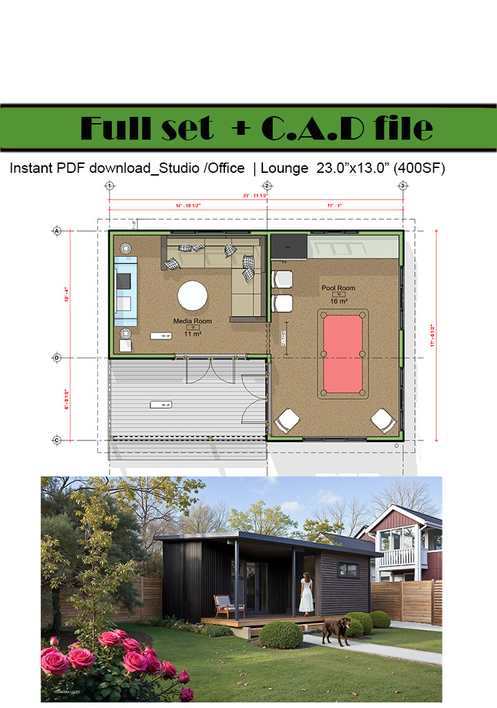 Tiny House ADU  working s 2 Room Layout, (400SF) Covered Deck, PDF+ CAD File