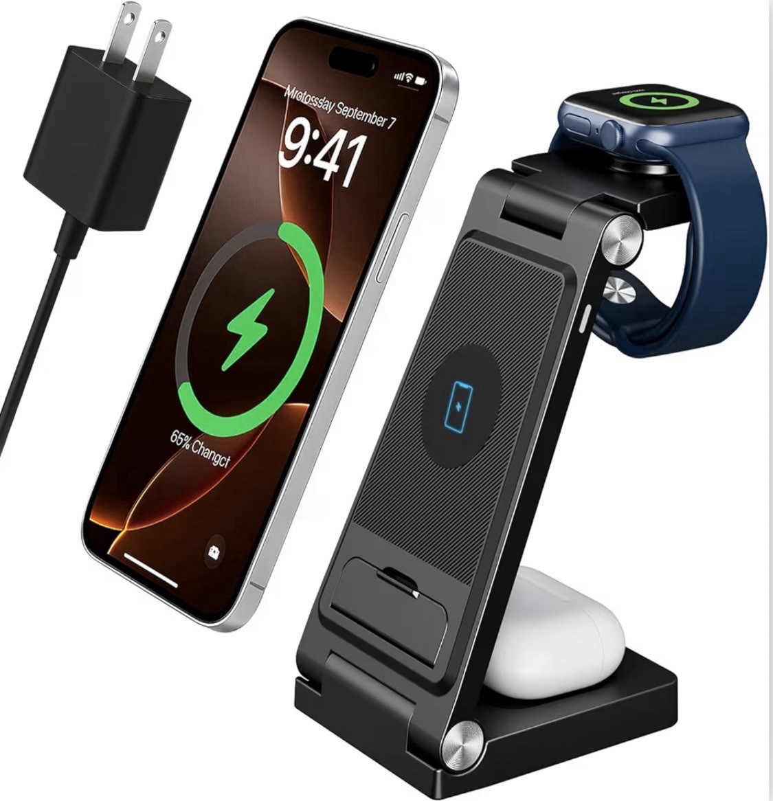 3-in-1 Wireless Charging Station Fast Charging Dock For Apple/Android Device BLK