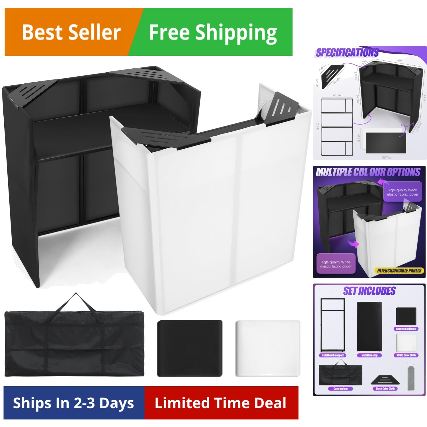 Portable DJ Facade Table Station, 44"x41"x21" DJ Event Booth Facade with Blac...
