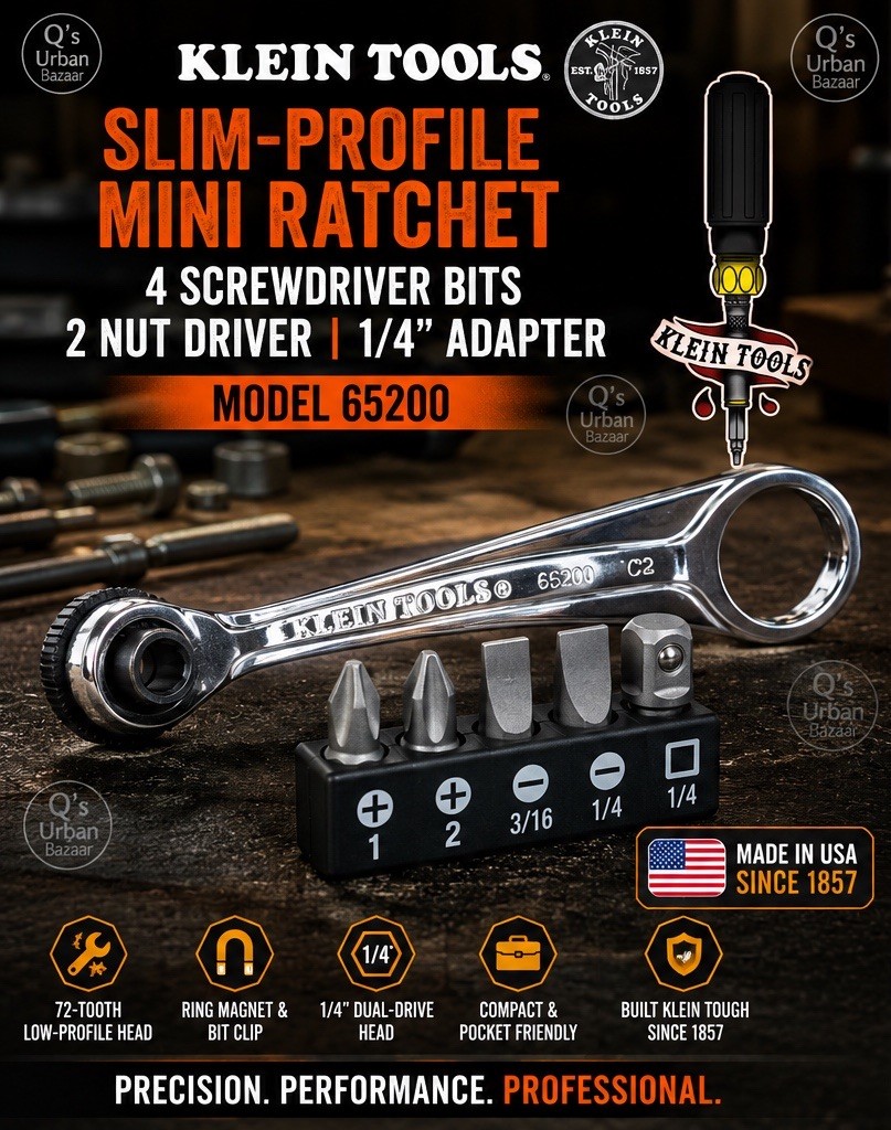 Klein Tools Mini Ratchet Set 65200 1/4” Adapter 4 Bits 2 Nut Drivers Compact