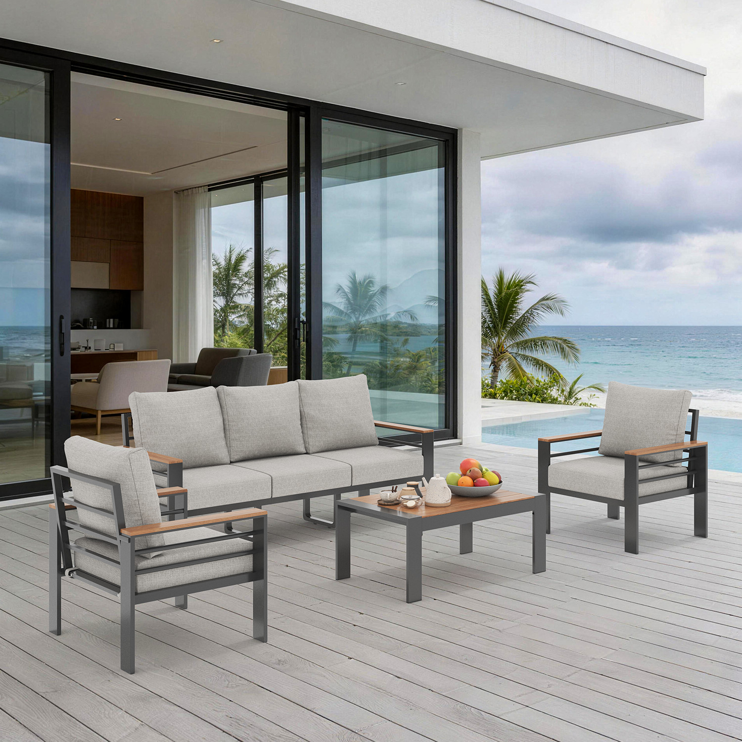 4-Piece Gray Exposed Tube Patio Sofa Set 2 Single&Double&Table