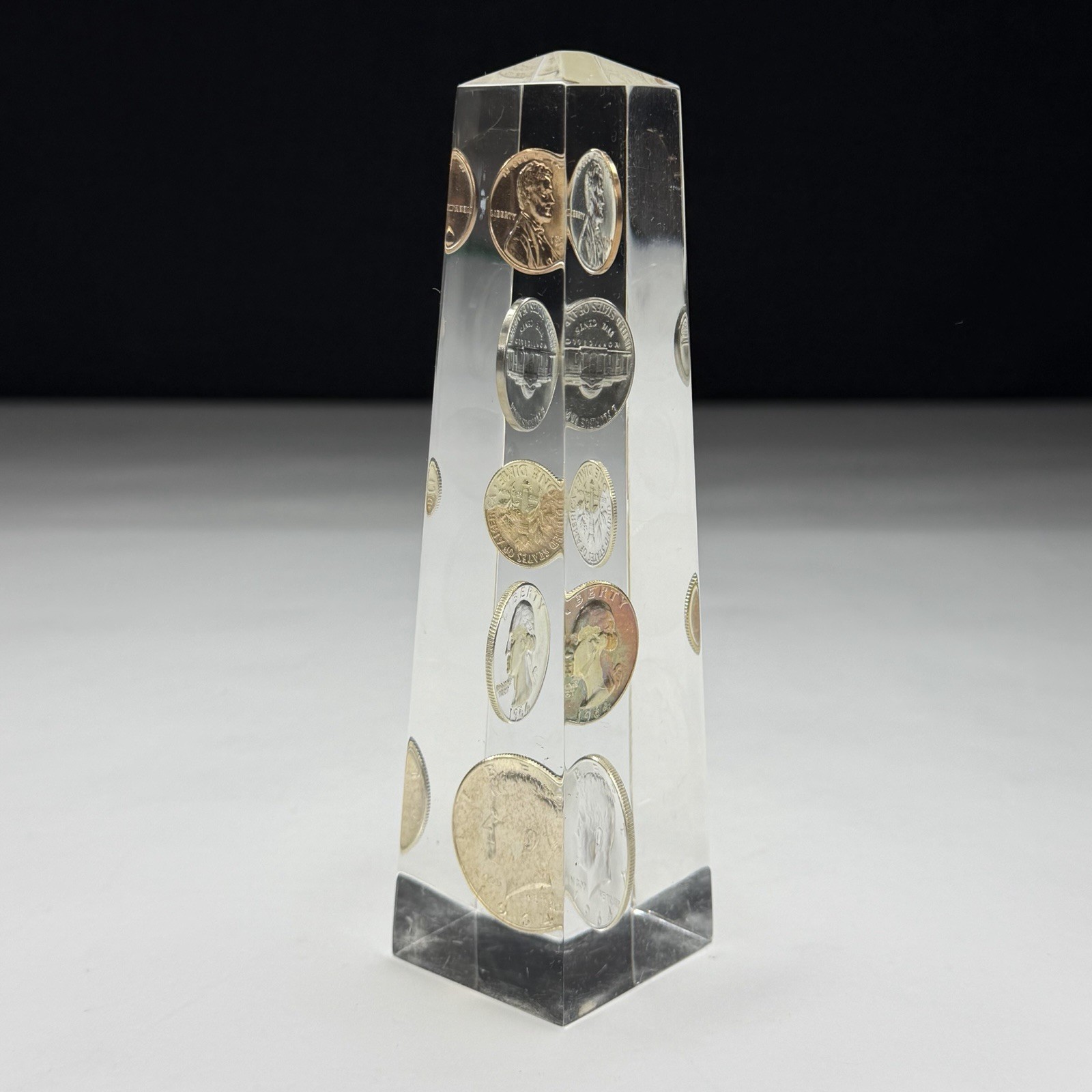 Vintage Lucite Obelisk 1964 Date US Currency Coins Set Paperweight Kennedy