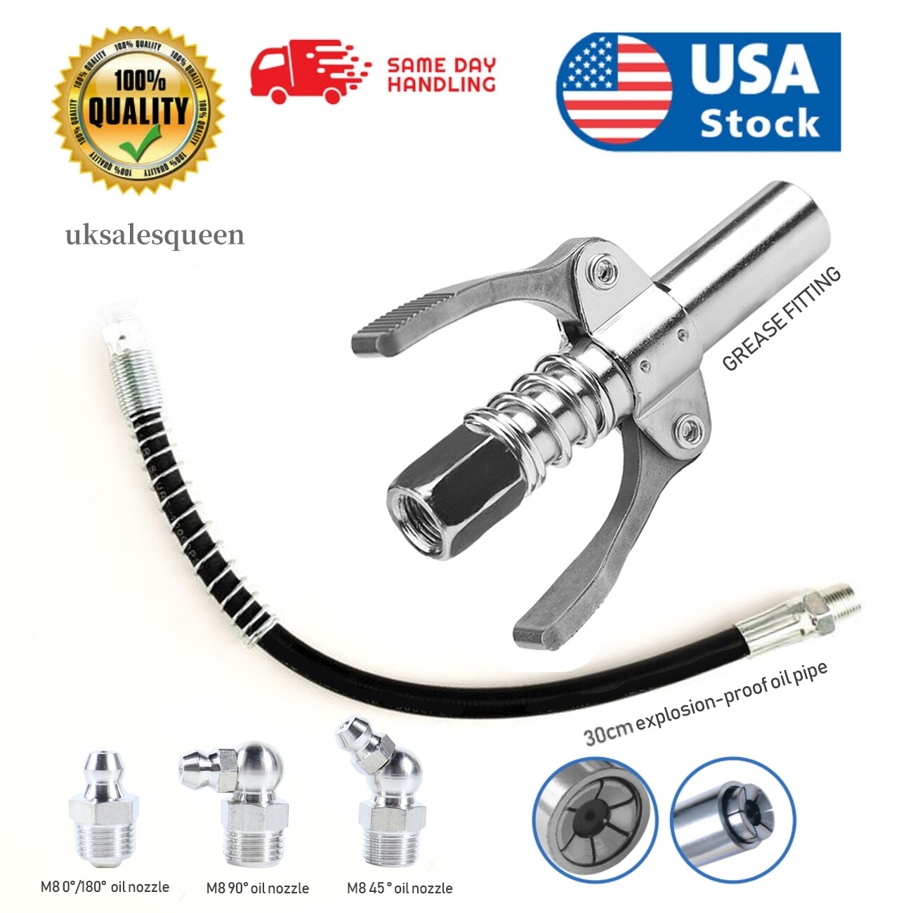 Grease Gun Coupler Double Handle High Pressure Quick Release Lock Nozzles w/Hose