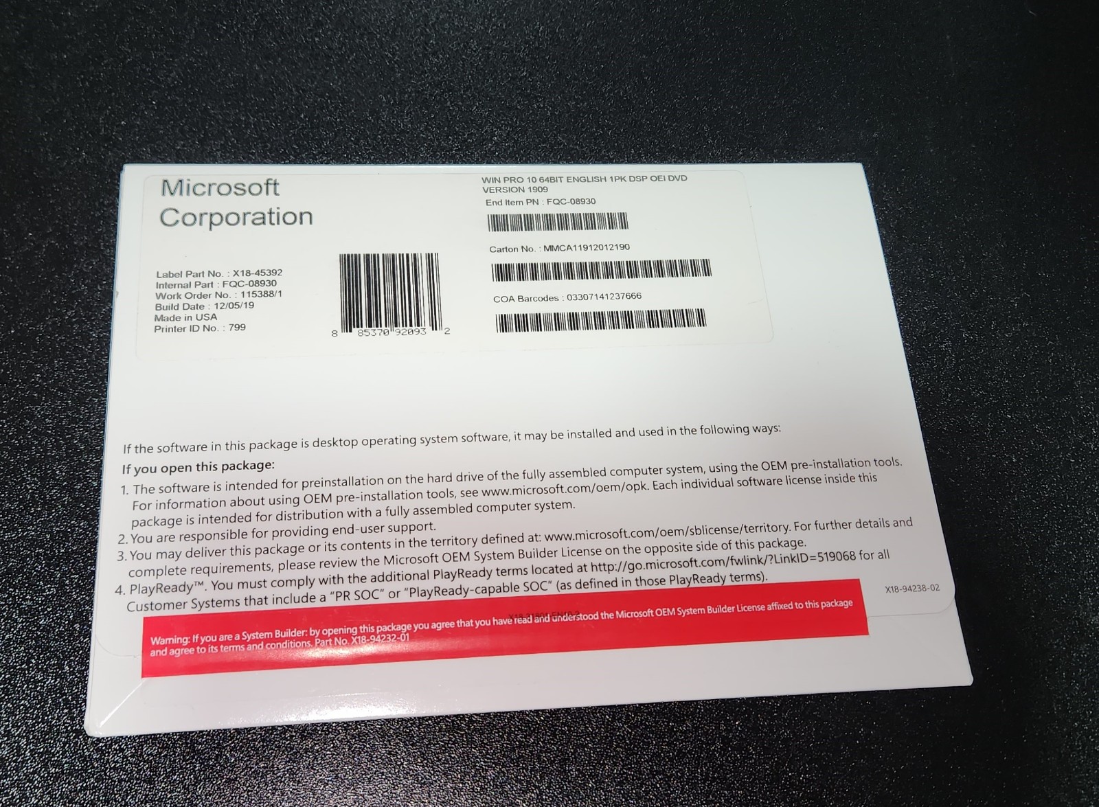 Win 10 Pro 64 bit DVD Free Shipping - Product Key New Sealed - Version 1909