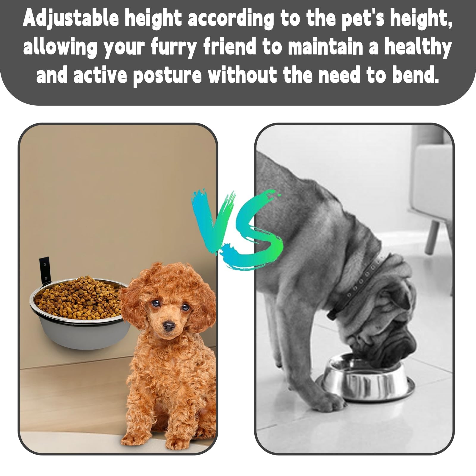 Wall Mounted Dog Bowls-2 * 48 Oz, Stainless-Steel Raised Adjustable Height Do...
