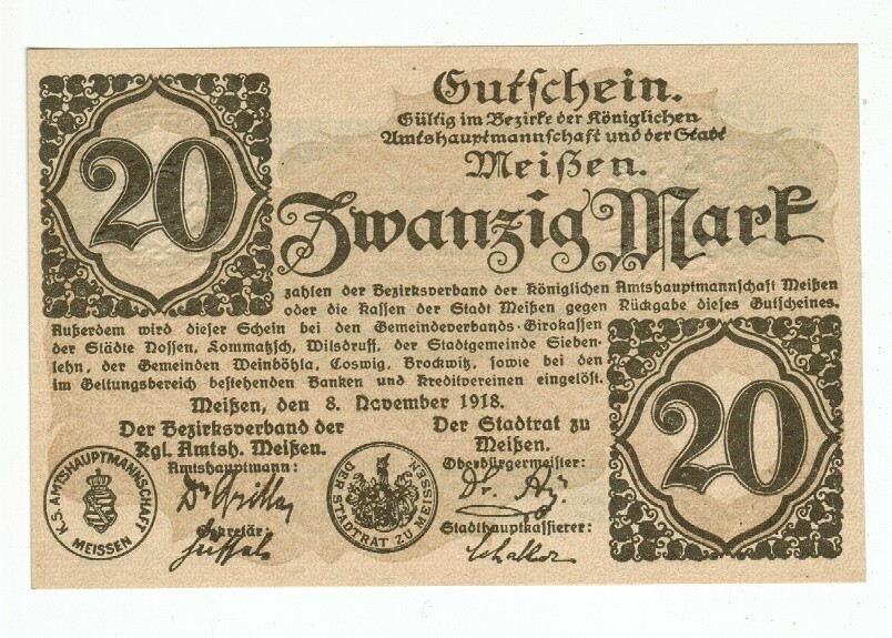 GERMANY BANKNOTE 20 MARK MEISSEN 1918 UNC