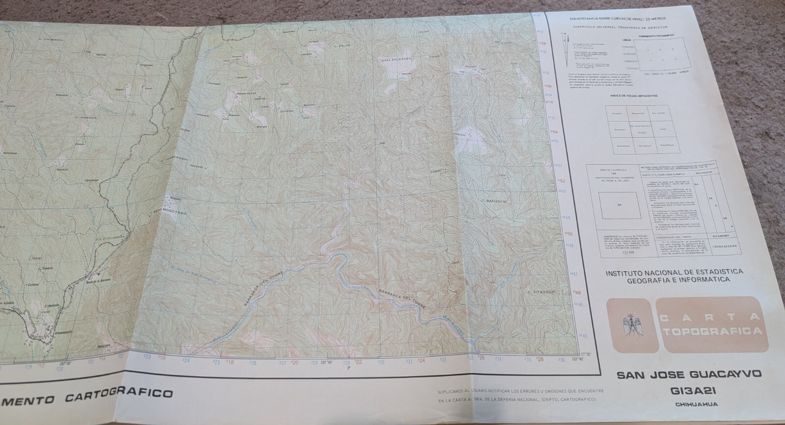 MEXICO Topo Map San Jose Guacayvo, Chihuahua {COPPER CANYON} G13A21 Scale 1:50K
