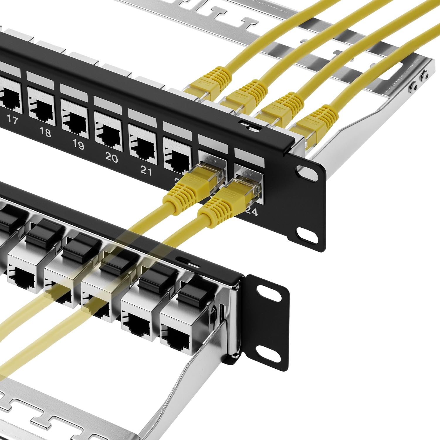 24 Port Cat6A 10G Shielded Patch Panel 1U 19in Toolless w Back Bar for Cat7 Cat6