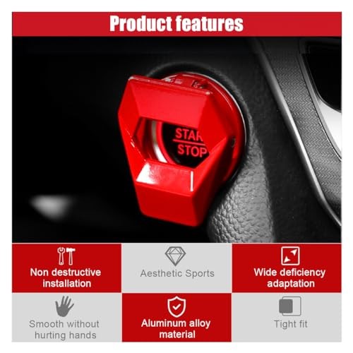 GLSOWEE Car Engine Start/Stop Button Cover, Zinc Alloy Car Push Button Red