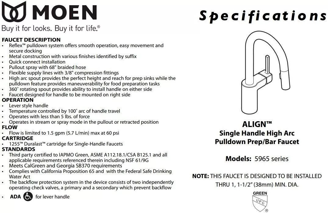 🆕 Moen 5965SRS ALIGN Pull-Down Reflex Kitchen Bar Prep Faucet - Stainless $529