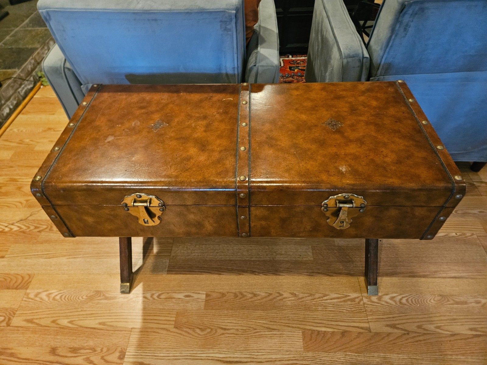 Vintage Maitland Smith Campaign Style Leather Wrapped Lift Top Trunk or Chest