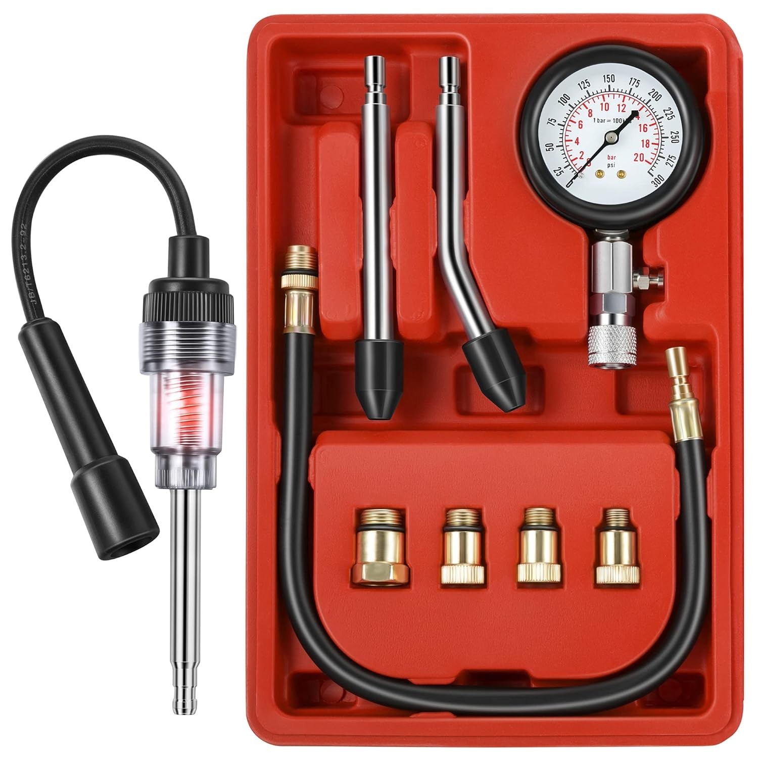 Complete Engine Testing Tool Kit with Compression Gauge and Rubber Adapters