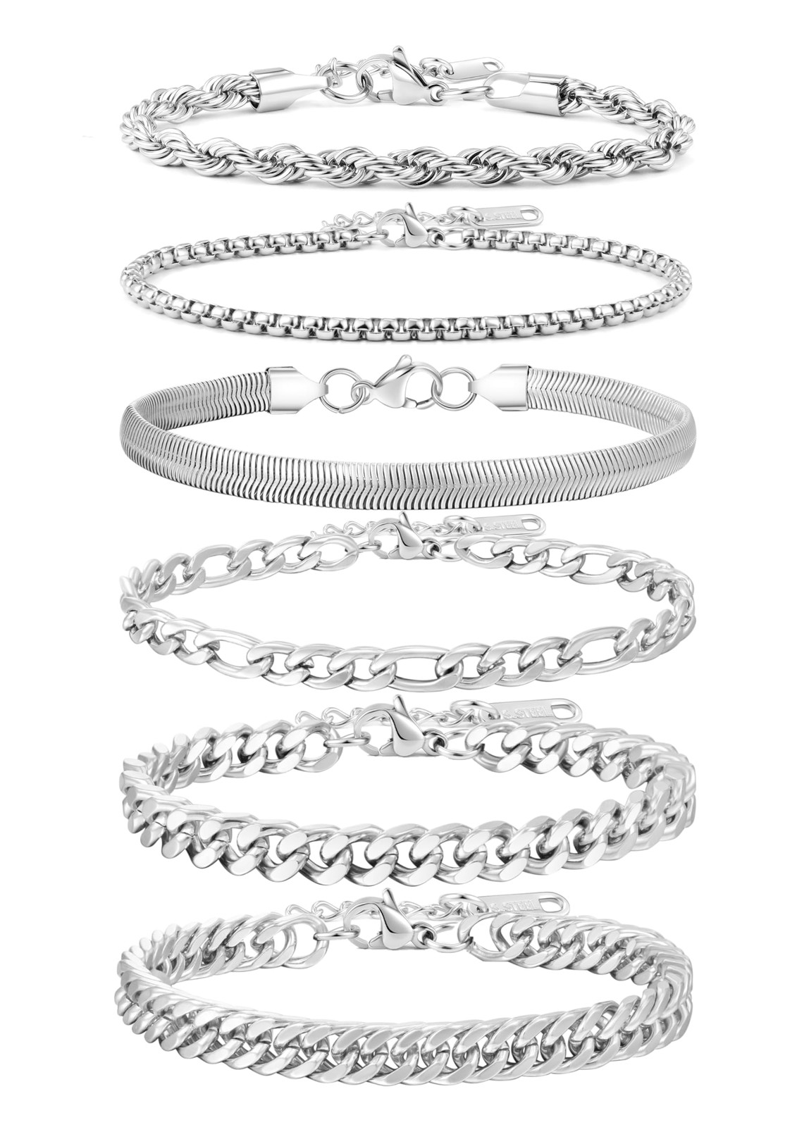 Geveay 6Pcs Stainless Steel Mens Silver（18+3CM）, Silver（18+3CM）